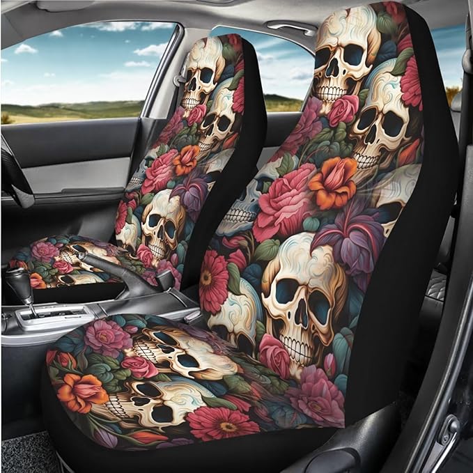 Floral Skull Car Seat Covers for Front Seats SUV Truck Van Sedans Bucket Seat Covers for Women Men