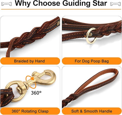Guiding Star Double Handle Leather Dog Leash 6ft 6 Foot 5/8", Brown)