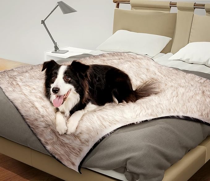 NESTROAD Waterproof Dog Blanket | Premium Soft Fur | 60" x 50" Extra Large | Machine Washable | Versatile Blanket for Dog's Comfy & Furniture Protection - White & Brown