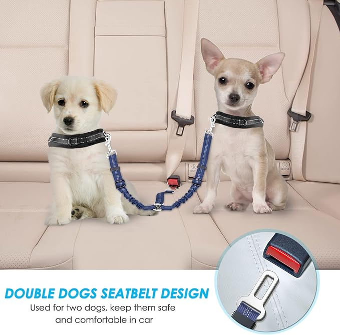 SlowTon Dog Seat Belt, Double Dog Seatbelt Adjustable Vehicle Safety Leash with Elastic Bungee Buffer, Reflective No Tangle Y Shape Two Dog Harness Seat Belt Splitter for Pets Car Trip (Blue, S)