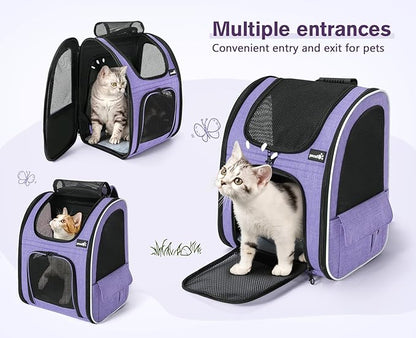 Pecute Cat Backpack Carrier, Expandable Cat Carrier Backpack with Breathable Mesh, Pet Carrier Backpack for Cats Small Dogs Puppies, Dog Backpack Carrier Great for Travel Hiking Camping Outdoor Purple