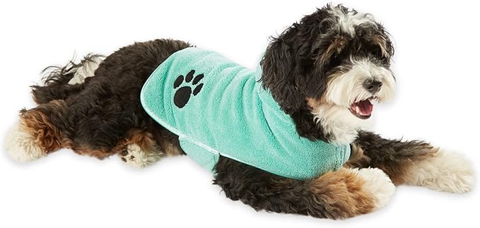 Bone Dry Pet Robe Collection, Embroidered Absorbent Microfiber Bath Robe with Adjustable Closure, for Dogs & Cats, Small, Aqua