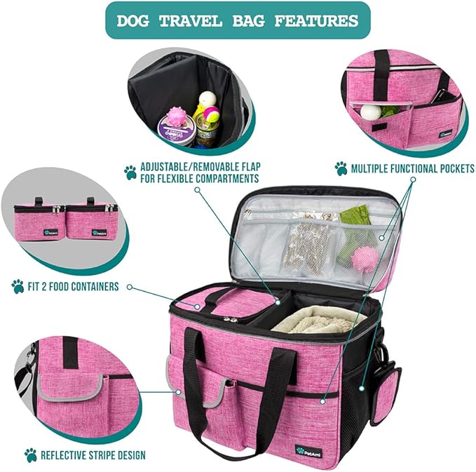 PetAmi Dog Travel Bag, Travel Pet Bag Organizer, Dog Food Travel Bag with Food Container and Bowls, Dog Travel Supplies Gift Accessories for Weekend Camping, Dog Cat Diaper Bag (Pink, Medium)