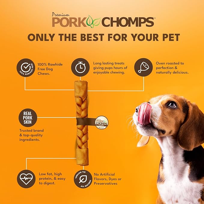 Pork Chomps Roasted Pork Skin Dog Chew, 10-inch Braid, 1 Count (Pack of 3)