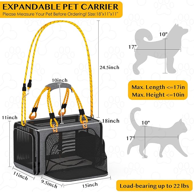 PAWZIDEA Expandable Pet Carrier w/ID Card, 18X11X11 TSA Airline Approved Cat Carrier for 2 Cats Under Seat, Soft-Sided Collapsible Small Dog Carrier Car Seat Travel Bag, Puppy Cat Crate Top Load Grey