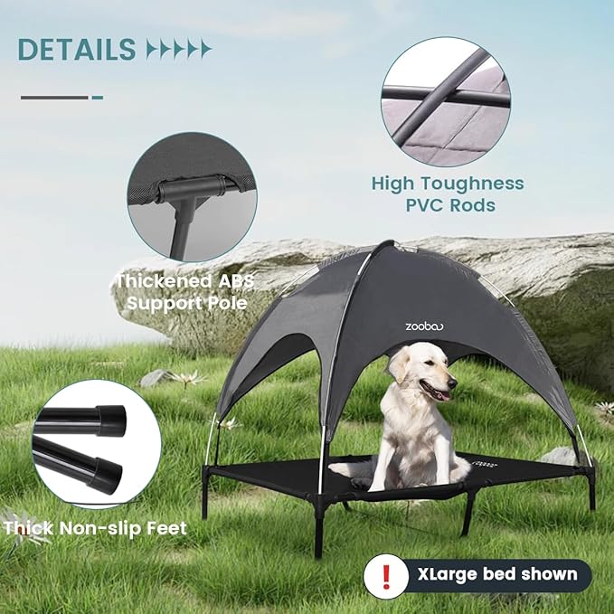 36.4" Elevated Outdoor Dog Bed with Canopy, Large Cooling Raised Pet Cot with Removable Sunshade for Camping, Deluxe 600D PVC with 2x1 Textilene Dog Bed