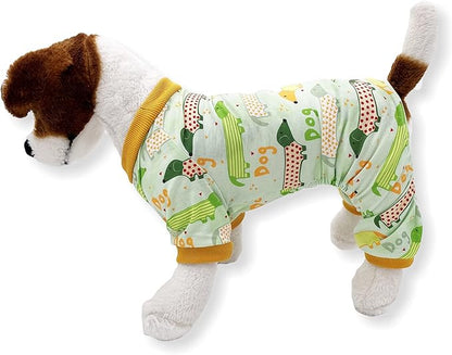 Dog Pajamas Soft COTTON Blend Jumpsuit Cute Pet Clothes for Small Medium Pet (Light Green Dogs 15", Chest 18" - 22")
