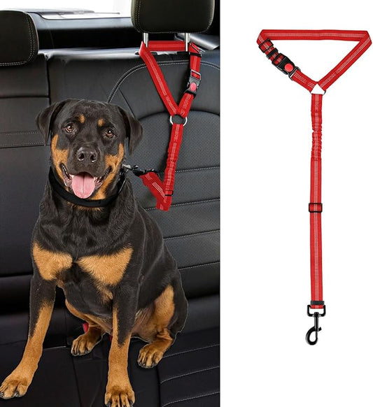 Dog Cat Safety Seat Belt Strap Car Headrest Restraint Adjustable Nylon Fabric Dog Restraints Vehicle Seatbelts Harness (Red Elastic Bungee)