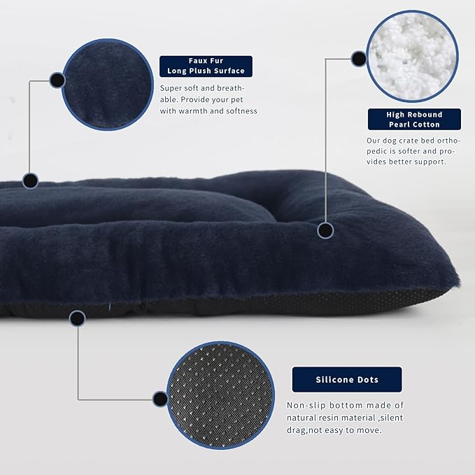 28x42 Dog Crate Bed Washable,Soft Plush Fur Comfy Dog Beds for Large Dogs Pet Bed for 80lb Dog,Dog Crate Mat 42 Inch Orthopedic Anti Anxiety with Non-Slip Bottom Provide Calming Sleeping(Navy Blue