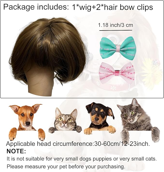 Funny Dog Wig Pet Costumes, Cat Costume Synthetic Hairpiece Cosplay Wigs, Headwear for Halloween Christmas Festivals Party Decor, Fancy Dress,Average Size for Most Dog Cat,Black Brown Straight