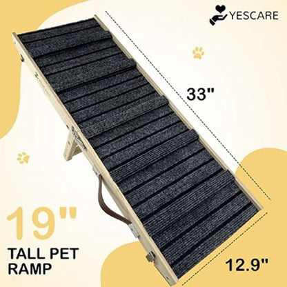 Folding Pet Ramp with Crossbars for Small Dogs and Cats Plus Toy Disc, 19" Adjustable Height Options with Non-Slip Surface, Up to 50lbs Also for Rabbits, Hamsters 4 Levels for Bed and Car, Oak Wood