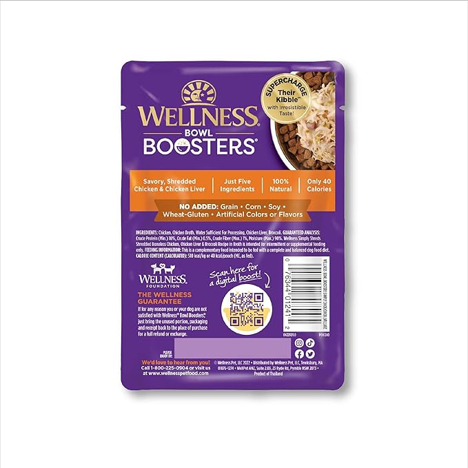Wellness CORE Simply Shreds Natural Grain Free Wet Dog Food Mixer or Topper, Chicken Liver & Broccoli, 2.8-Ounce Pouch (Pack of 12)