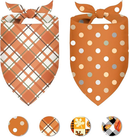 Fall Dog Bandana 2 Pack Thanksgiving Dog Bandana Polka Dot Pet Scarf Reversible Fall Triangle Bibs Soft Cotton Boy Girl Dog Bandanas Accessories for Small, Medium, Large Dogs (Large)