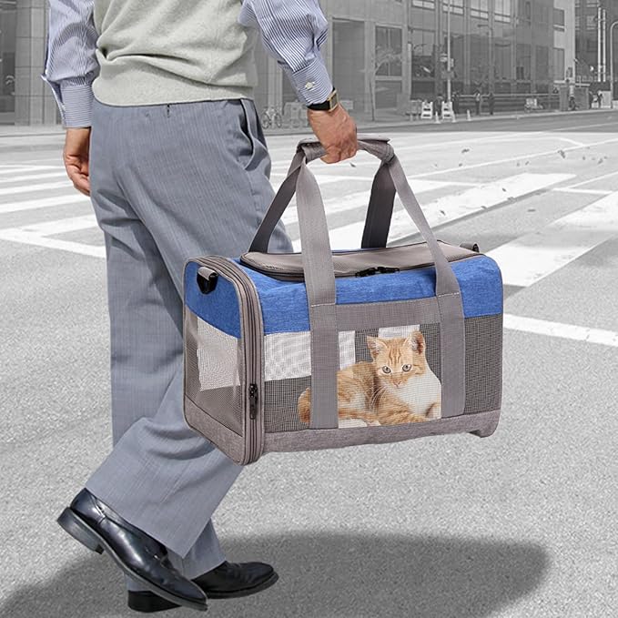 Cat Carrier Soft Puppy Carrier for Small Dogs Airline Approved Collapsible Soft-Sided Kitten Travel Carrier Foldable Cats Carrier for Small Medium Cat Dog Puppies Under to 15 Lb(Greyblue)