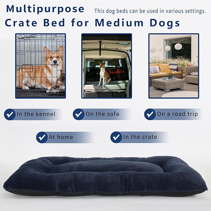 36 Inch Dog Crate Bed Machine Washable,24x36 Dog Bed for Crate Pet Bed for 55lb Dog Medium Large Breed Dogs,Dog Crate Mat 36 Inch Soft Fulffy Plush Cozy Sleeping with Anti-Slip Bottom(Navy Blue)