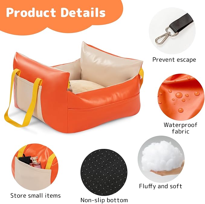 Dog Car Seat for Small Dogs Waterproof Travel Dog Bed for Car Backseat Pet Car Seat(Orange 25 lbs)