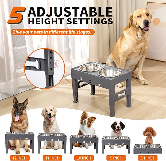 Elevated Dog Bowls, 5 Height Adjustable Raised Dog Bowl Stand with 2 Stainless Steel Dog Food Bowls Non-Slip Dog Feeder for Medium Large Dogs Adjusts to 3.1”, 9”, 10”, 11”, 12”