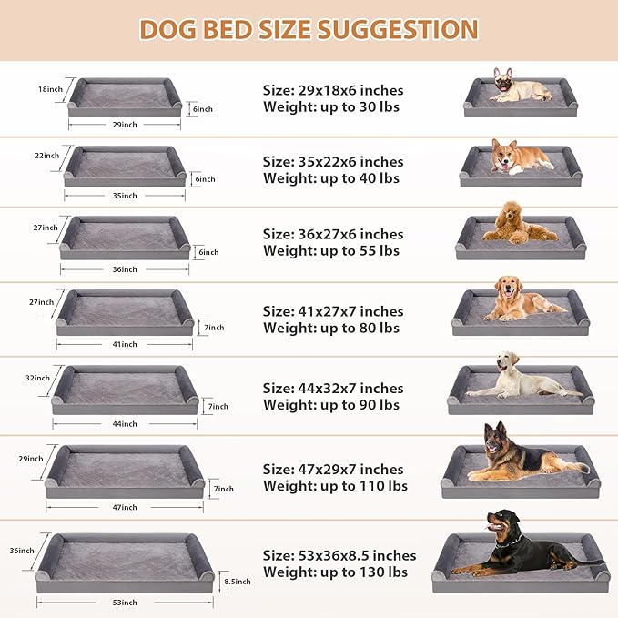 Orthopedic Dog Bed Washable Large Dog Bed Waterproof Dog Bed XL Dog Couch Egg Foam Dog Crate Bed with Removable Bolsters & Nonslip Bottom 41" x 27" x 7", Grey
