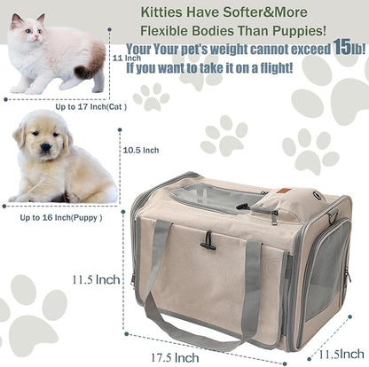 HSC PET Cat Carrier Small Dog Bag Soft Side Puppy Rabbit Bag Ourdoor Travel,360 Degree Perspective Breathable Mesh Windows,2 Shade Curtains,Side&Top Load（Khaki）