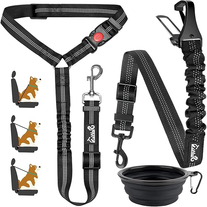 Lukovee Dog Seatbelt Leash for Cars, 2 Pack Pet Safety Car Seat Belt with Adjustable Buckle & Reflective Bungee, Connect Dog Harness in Vehicle Car Dogs Restraint Travel Daily Use (Black)