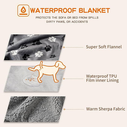 Waterproof Dog Blankets Pet Blanket 50"x60", Soft Fluffy Sofa Car Bed Protector, Reversible Sherpa Fleece Dog Blanket for Large Dogs (Dark Grey-Paws)