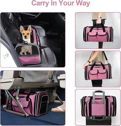 Estarer Soft Sided Pet Carrier Airline Approved, 4 Sides Expandable Collapsible Cat Carrier with Pockets & Removable Fleece Pad, Travel Carrier Bag for Cat Dog & Small Animals (Pink)