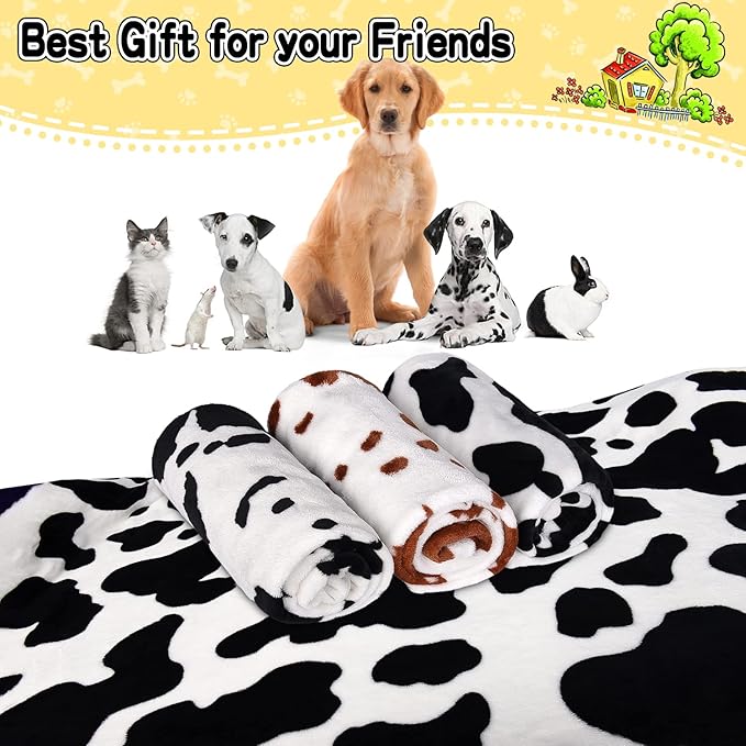 Rezutan Dog Blankets for Largel Dogs,3 Pack Dog Cat Soft Fuzzy Blankets Washable,Comfort Flannel Cow Print,Fuzzy Soft Pet Mat Blankets,Pet Blanket,Reversible Print,42x32 inch Brown White Cow Print.