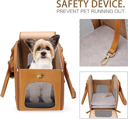 PetsHome Pet Carrier, Dog Carrier Purse, Cat Carrier, Waterproof Premium Leather Pet Travel Portable Bag Carrier for Cat and Small Dog Home & Outdoor Small Brown