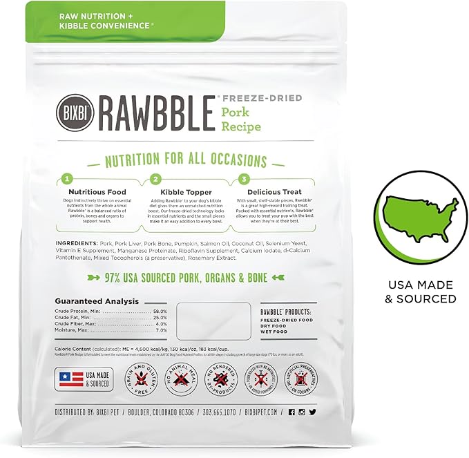 BIXBI Rawbble Freeze Dried Dog Food, Pork Recipe, 26 Oz - 97% Meat And Organs, No Fillers - Pantry-Friendly Raw Dog Food For Meal, Treat Or Food Topper - USA Made In Small Batches