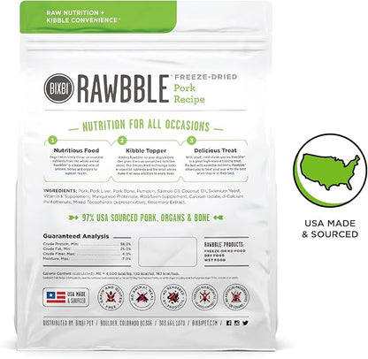 BIXBI Rawbble Freeze Dried Dog Food, Pork Recipe, 26 Oz - 97% Meat And Organs, No Fillers - Pantry-Friendly Raw Dog Food For Meal, Treat Or Food Topper - USA Made In Small Batches