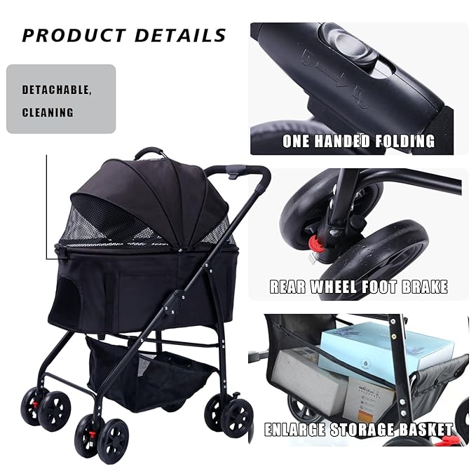 Dog Cat Pet Gear Stroller 3-in-1 Folding Lightweight for Small Medium Dog Cat with Detachable Carrier 4 Wheels