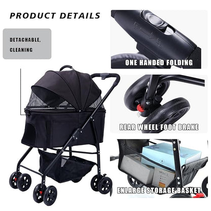 Dog Cat Pet Gear Stroller 3-in-1 Folding Lightweight for Small Medium Dog Cat with Detachable Carrier 4 Wheels