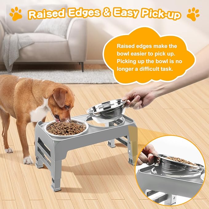 Elevated Dog Bowls for Small Medium Dogs 3 Height Adjustable Raised Dog Bowl Stand with 2 Thick 6" Stainless Steel Dog Food Bowls Non-Slip Dog Feeder Adjusts to 2.75", 6", 7.5", Grey