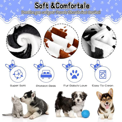 Rezutan Dog Blankets for Largel Dogs,3 Pack Dog Cat Soft Fuzzy Blankets Washable,Comfort Flannel Cow Print,Fuzzy Soft Pet Mat Blankets,Pet Blanket,Reversible Print,42x32 inch Brown White Cow Print.