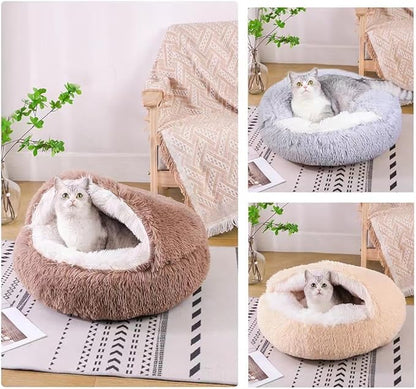 Cat Bed Round Fluffy Hooded Cat Bed Cave