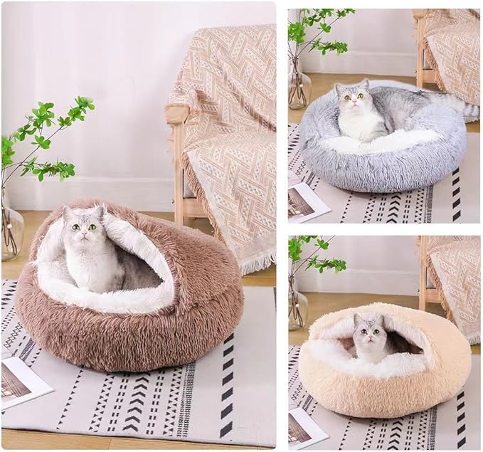 Cat Bed Round Fluffy Hooded Cat Bed Cave