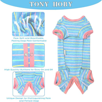 TONY HOBY Female Dog Pajamas, Dog Thermal Pajamas with Stripe, Dog Jumpsuit Pet Clothes for Small Medium Dog (Light Blue, Girl, XS)