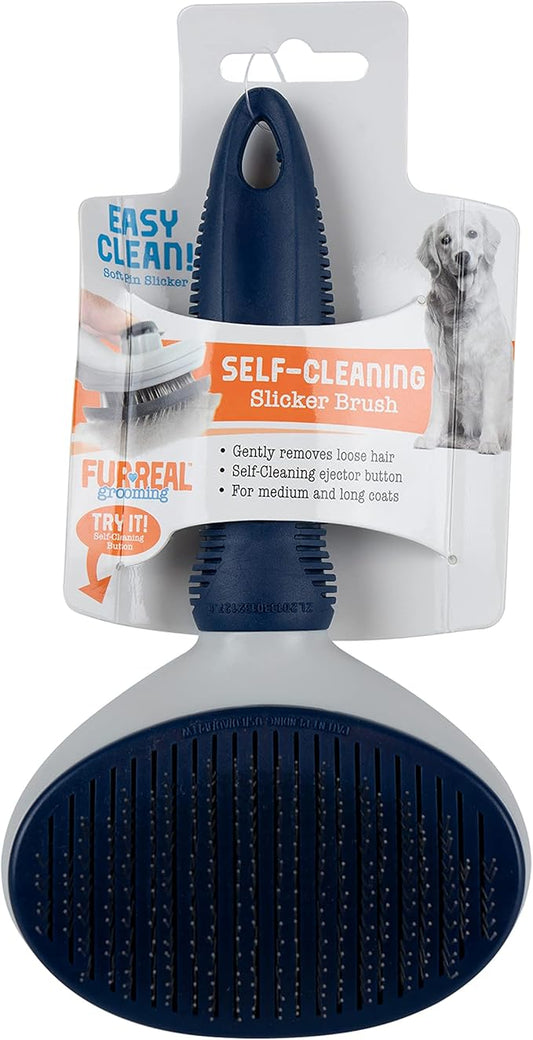 FurReal Dog Grooming Brush - Large Self-Cleaning Slicker for Medium & Long Coats | Removes Loose Hair and Untangles Mats