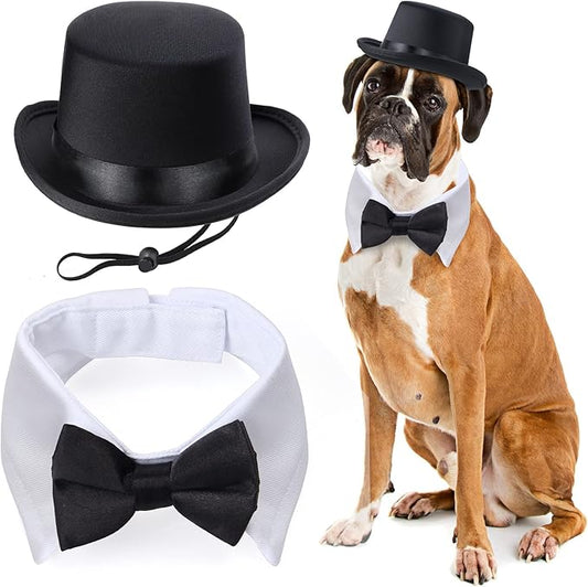 Yewong 2 Pieces Pet Formal Accessories Set - Pet Top Hat with Pet Formal Necktie/Bowtie Birthday Party Gradation Halloween Costumes Accessories for Dog Cat (Bowtie Collar)