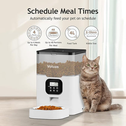 VOLUAS Automatic Cat Feeders - Dry Food Dispenser with Timer, Desiccant Bag, Programmable Portion Size Control 4 Meals Per Day, 10s Voice Recorder