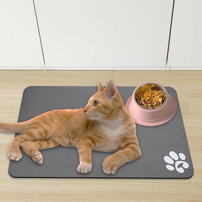 YCT Pet Cat Food Mats for Dog Food Mat, Cat Mat for Food, Pet Dog Cat Feeding Mat Eating Mat Pet Dog Cat Bowl Mats, Non-Slip Super Absorbent, with Footprints Logo，24 x 16.9 inches, Dark Grey