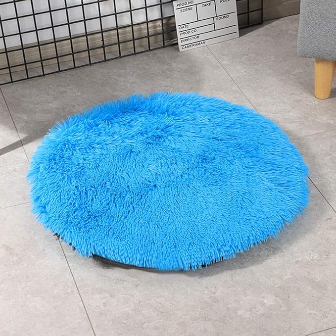 16 Inch Plush Dog Bed Mat Warm Fluffy Round Puppy Crate Pad with Anti-Slip Waterproof Bottom Soft Comfy Pet Kennel Mat for Small and Medium Dogs Sleeping(Blue)