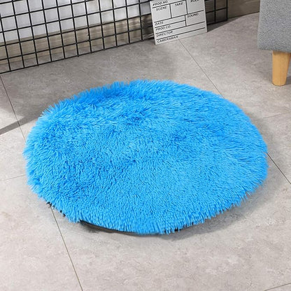 24 Inch Plush Dog Bed Mat Warm Fluffy Round Puppy Crate Pad with Anti-Slip Waterproof Bottom Soft Comfy Pet Kennel Mat for Small and Medium Dogs Sleeping(Blue)