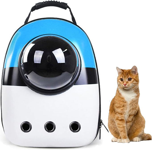 Pet Travel Carrier, Cat Dog Dome Space Capsule Bubble Backpack, Portable Waterproof Breathable Knapsack for Hiking, Traveling (Blue/White)