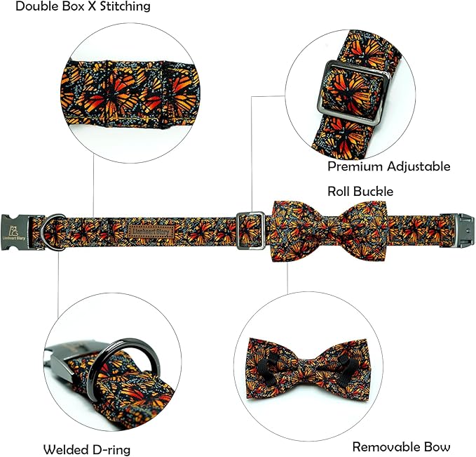 Lionheart glory Fall Dog Collar with Bowtie Butterfly Print Dog Collars Heavy Soft Adjustable Dog Collar for Large Dogs Male/Female Dog Bow Collar Pet Gift