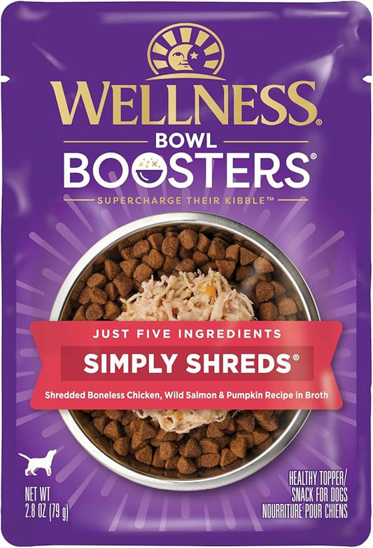 Wellness Bowl Boosters Simply Shreds Natural Grain Free Wet Dog Food Mixer or Topper, Wild Salmon & Pumpkin , 2.8-Ounce Pouch (Pack of 12)