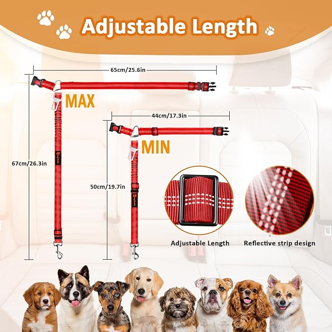 Removable Dog Seat Belts Harness for Car, 3 in 1 Pet Dog Car Seatbelt Leash, laqibak Restraint Secures to Headrest and Reflective Effect Adjustable Bungee Dog Seatbelt Tether, 2PCS and Poop Bag Holder