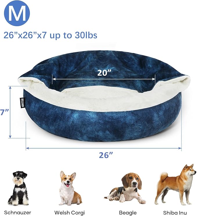 Cozy Soft Dog Bed with Hooded Blanket Warm Calming Cat Cave for Small Medium Dogs and Cats 26x26x7″
