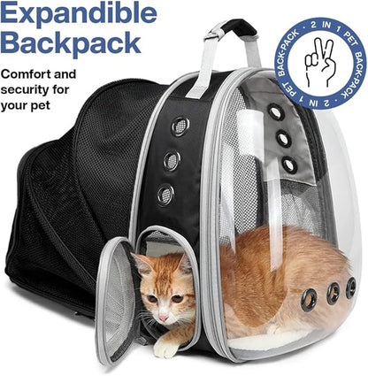 Cat Backpack Expandable - Cat Carrier Bubble Window, Ventilated Cat Backpack Carrier for Large Cats 20 lbs or Less, Pet Carrier Airline Approved for Hiking, Camping, Outdoors, Travel (Black)