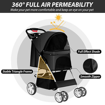 4 Wheels Pet Stroller for Small Medium Dogs Cats 33 lbs